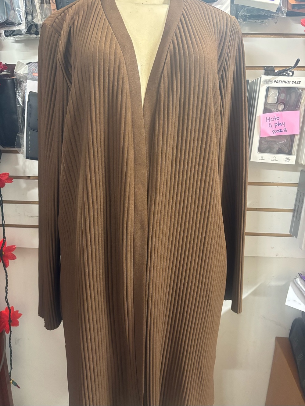 Long Ribbed Open-Front Cardigan - Brown - Picture 2 of 2